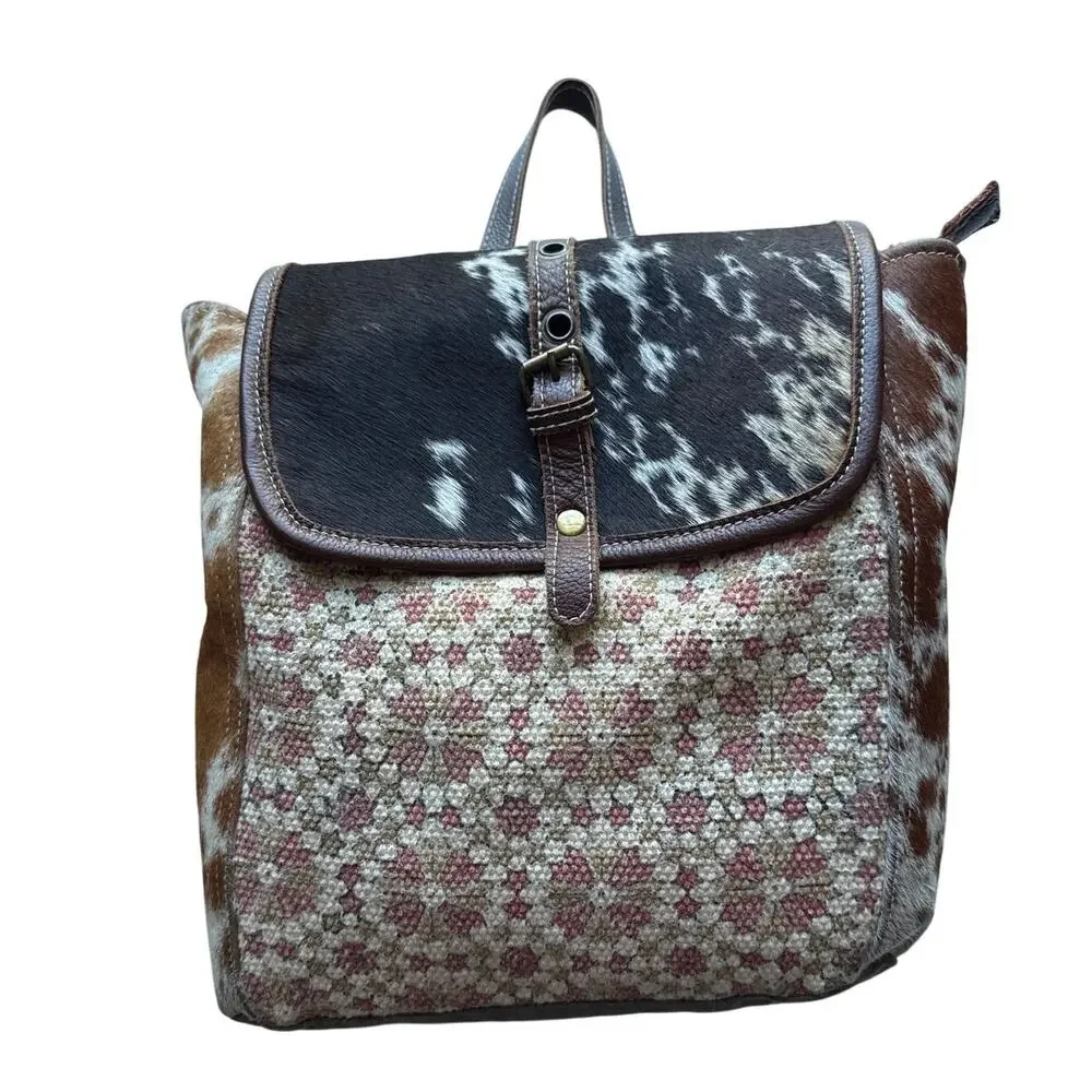 Myra Bag Upcycled Canvas Leather & Cow Hide Backpack School Bag